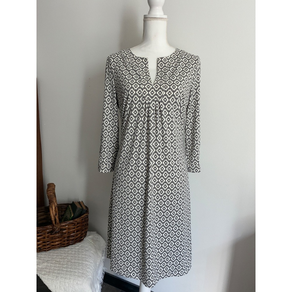 Ellie Kai Size 8 Gray Ivory Geometric Print Shift Dress 3/4 Sleeve